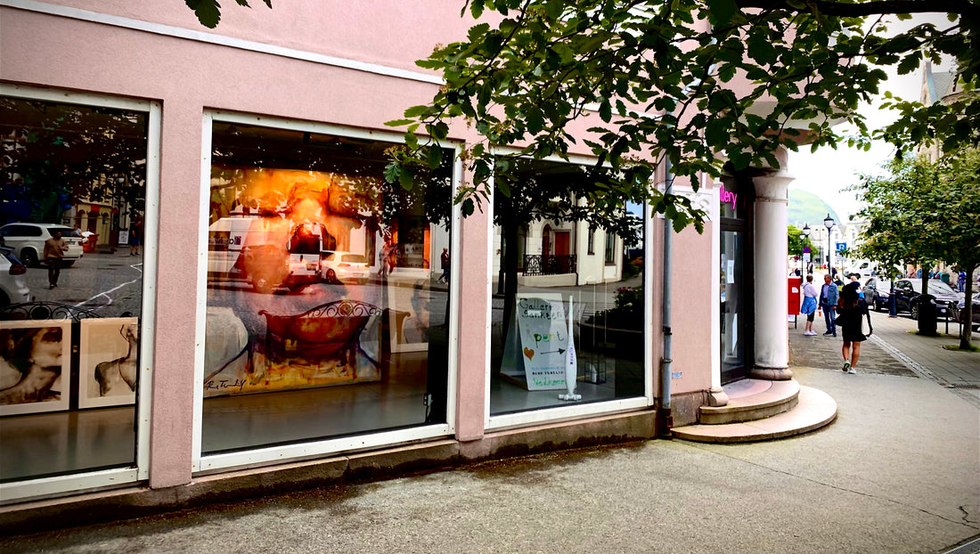 Street view of Art Gallery - Rune Furelid in Ålesund city. A pink jugend building in the heart of Ålesund city.