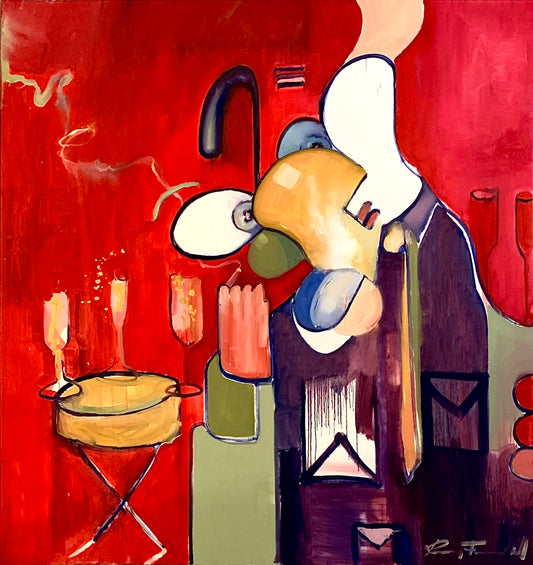Abstrakt kubistisk tegneserie figur i sterke farger på et stort maleri som viser en som sitter i en sofa og røyker. Kan minne om George Condo sine malerier. Humoristisk motiv. Knall rød bakgrunn.