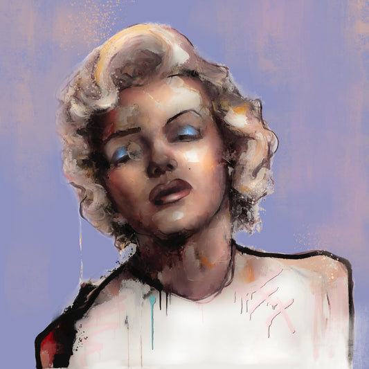 Sensuelt maleri av Marilyn Monroe som stirrer forbi oss. Fargene er sterke og delikate. Øyenskyggen er prominent. Det kan minne om Andy Warhols grafikk.